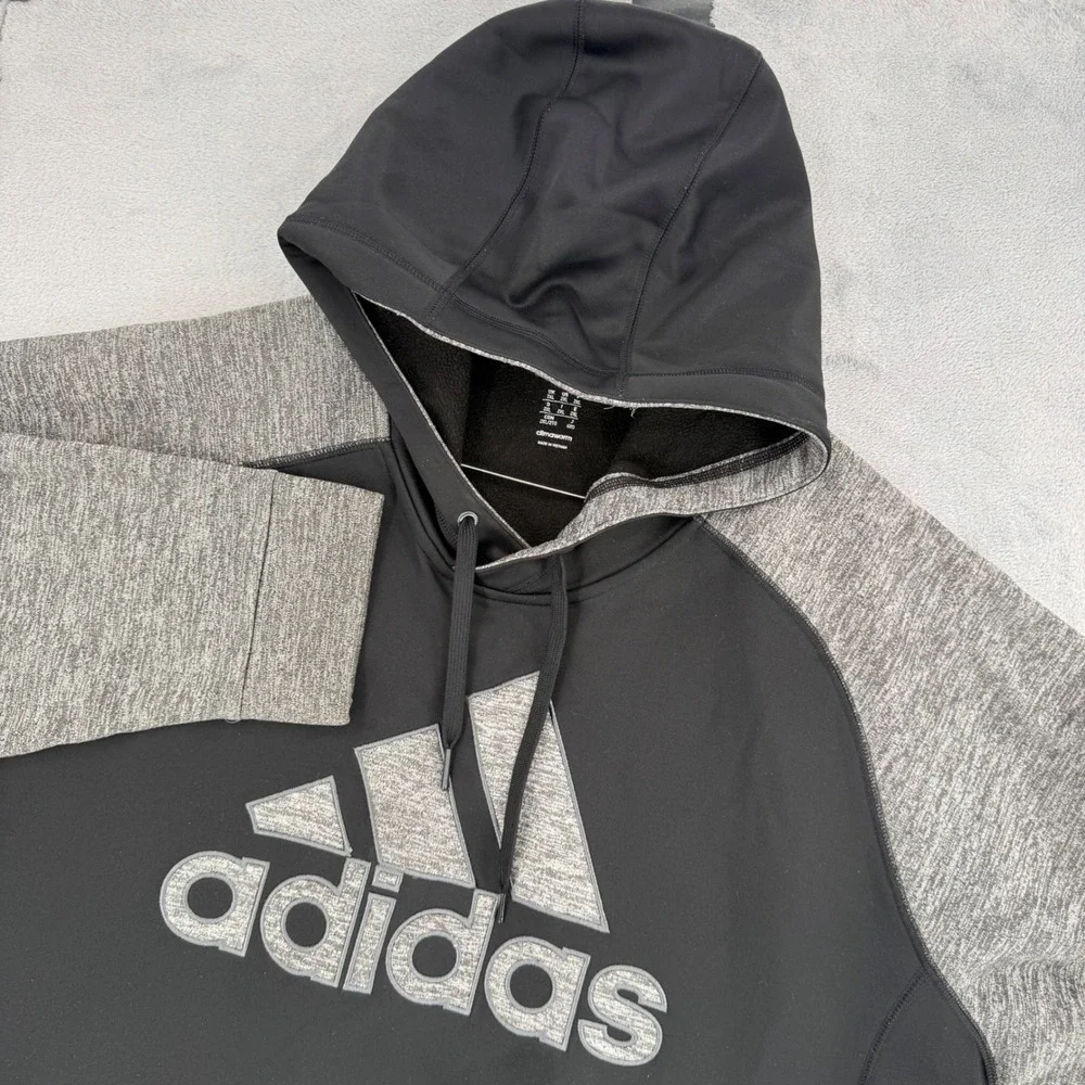 Adidas Mens 2XL Climawarm Hoodie Black Grey Raglan Logo Pullover Sweatshirt